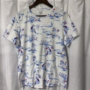 Kim Rogers Coastal Chic Fireworks Beach Sailboat White Blue Nautical Shirt L